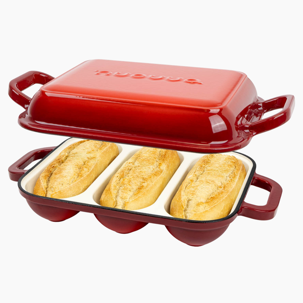 Enamelled Cast Iron Baguette Bread Pan with Lid – 3 Slots, Red