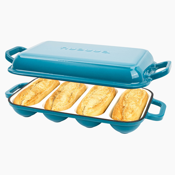 Enamelled Cast Iron Baguette Bread Pan with Lid – 4 Slots, Light blue