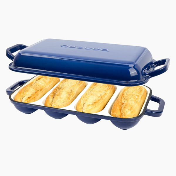 Enamelled Cast Iron Baguette Bread Pan with Lid – 4 Slots, Dark blue