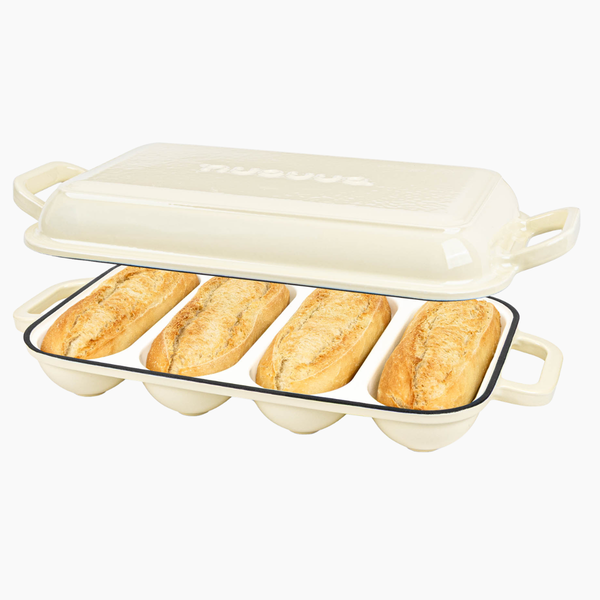 Enamelled Cast Iron Baguette Bread Pan with Lid – 4 Slots, Cream