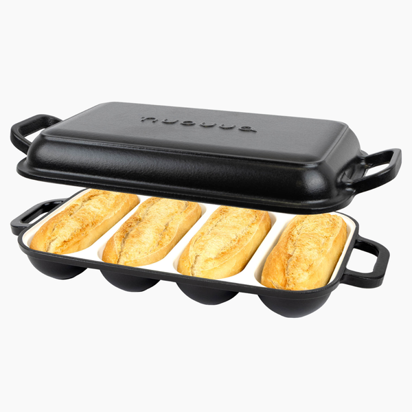 Enamelled Cast Iron Baguette Bread Pan with Lid – 4 Slots, Black