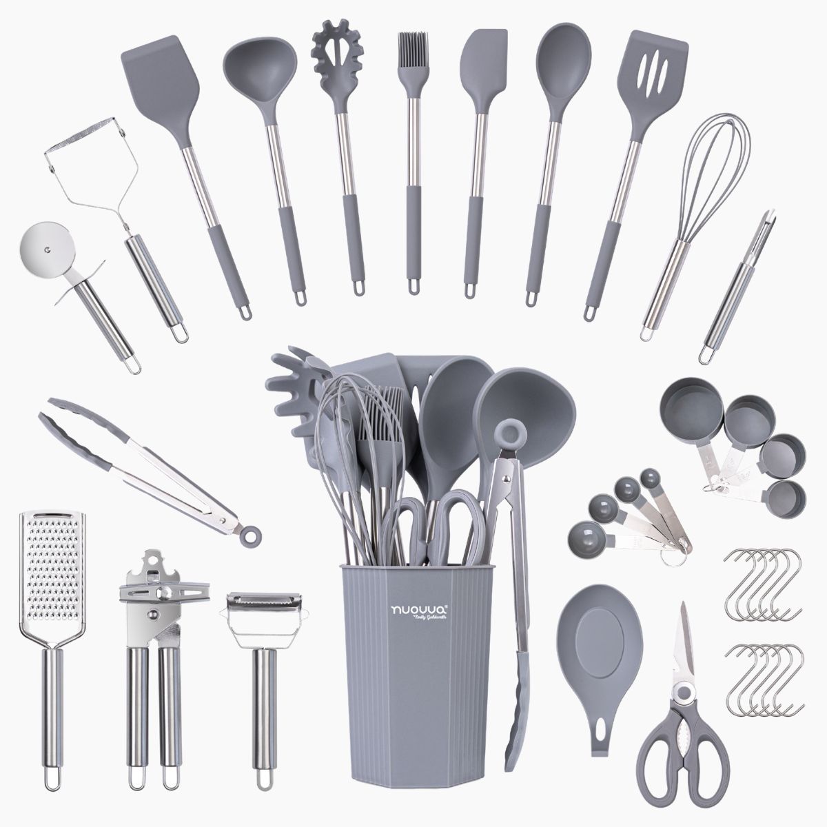36-Piece Silicone Kitchen Utensils Set with Stainless Steel Handles, Grey
