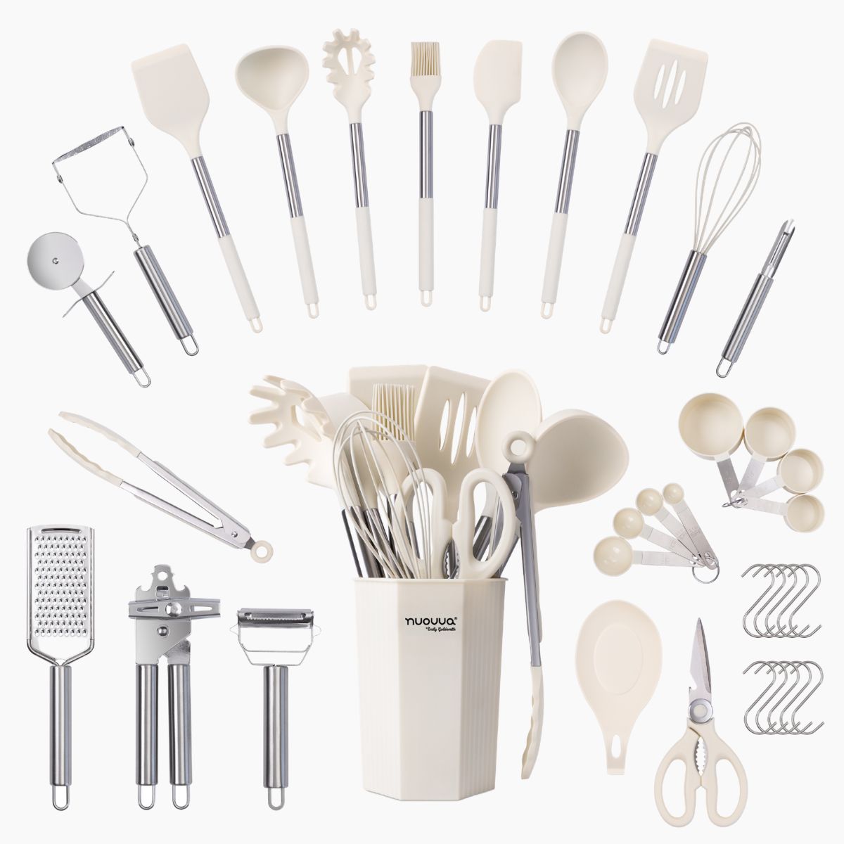 36-Piece Silicone Kitchen Utensils Set with Stainless Steel Handles, Cream