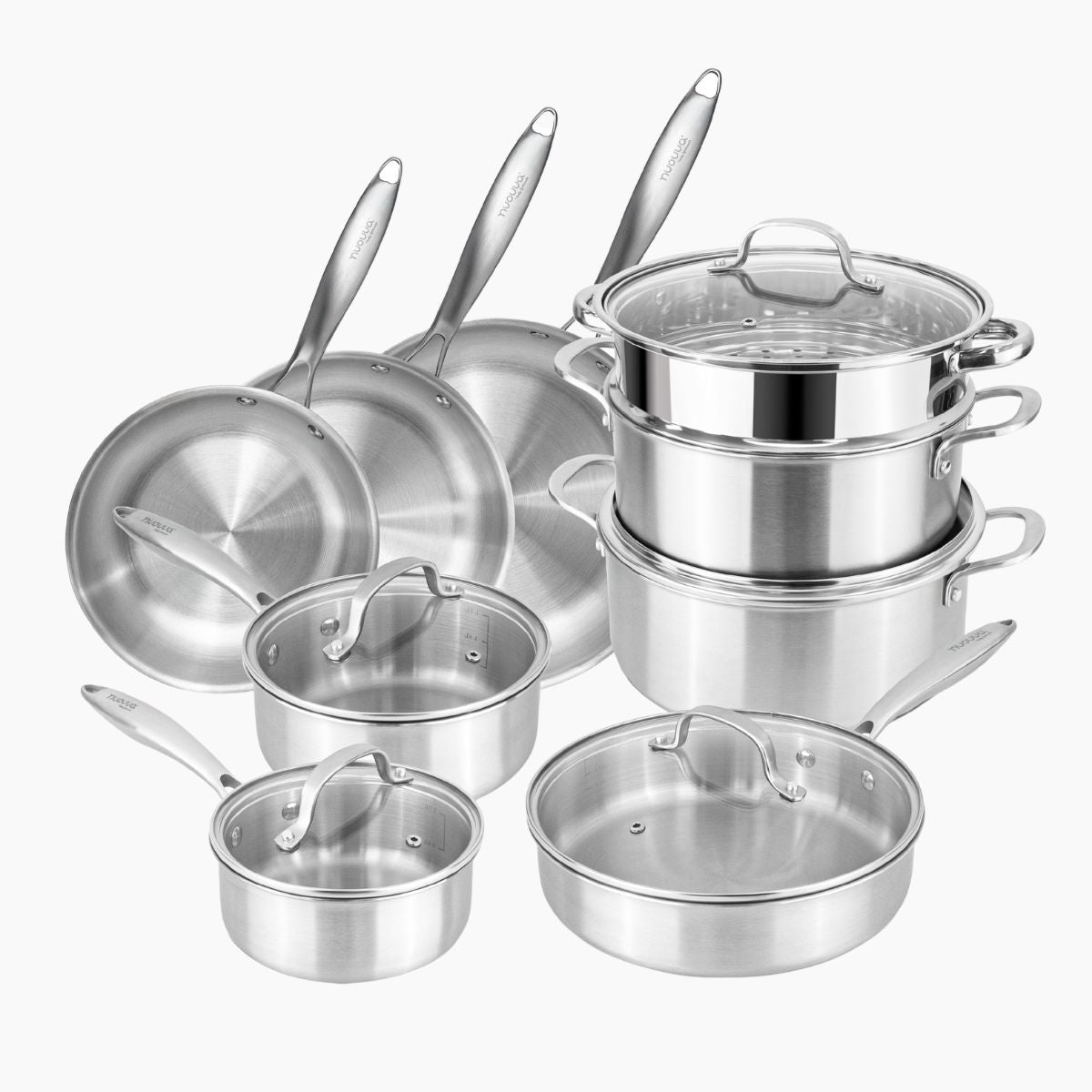 14pcs Stainless Steel Cookware Set with Glass Lids – Induction Hob Pots & Pans