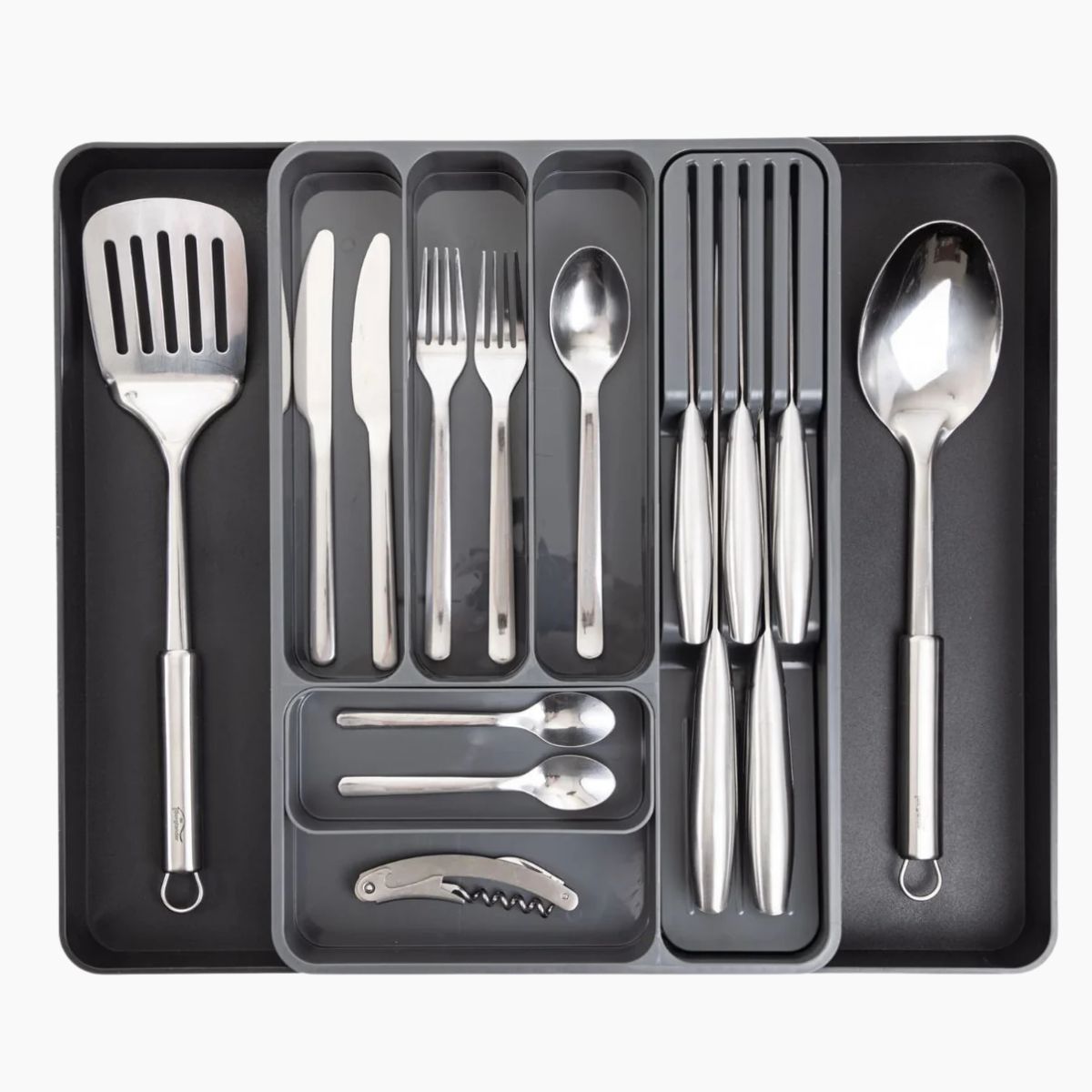 Adjustable Cutlery Drawer Organizer – Expandable Utensil Tray - Black & Grey