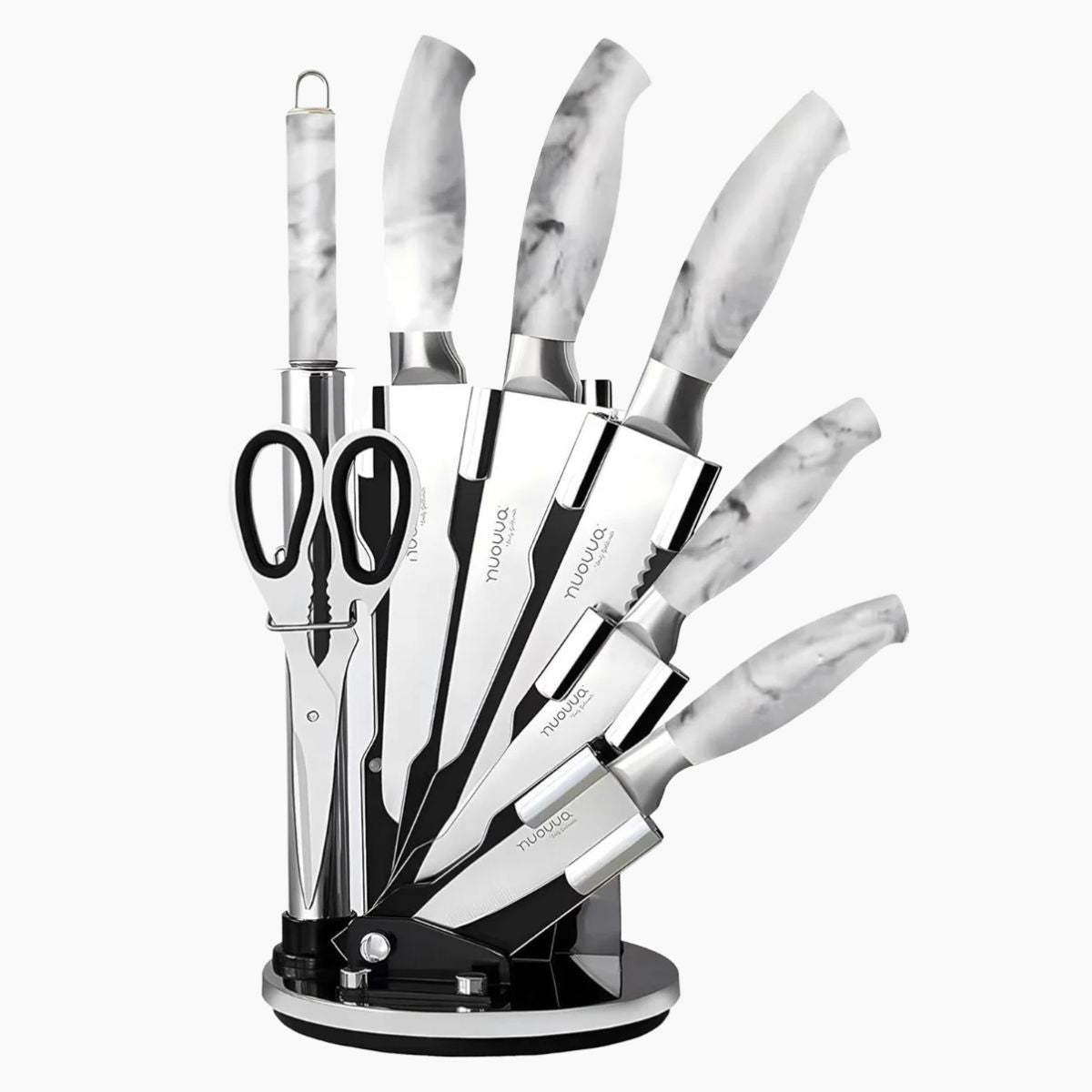 Stainless Steel Kitchen Knife Set with 360° Rotating Block - 7Pcs - Marble