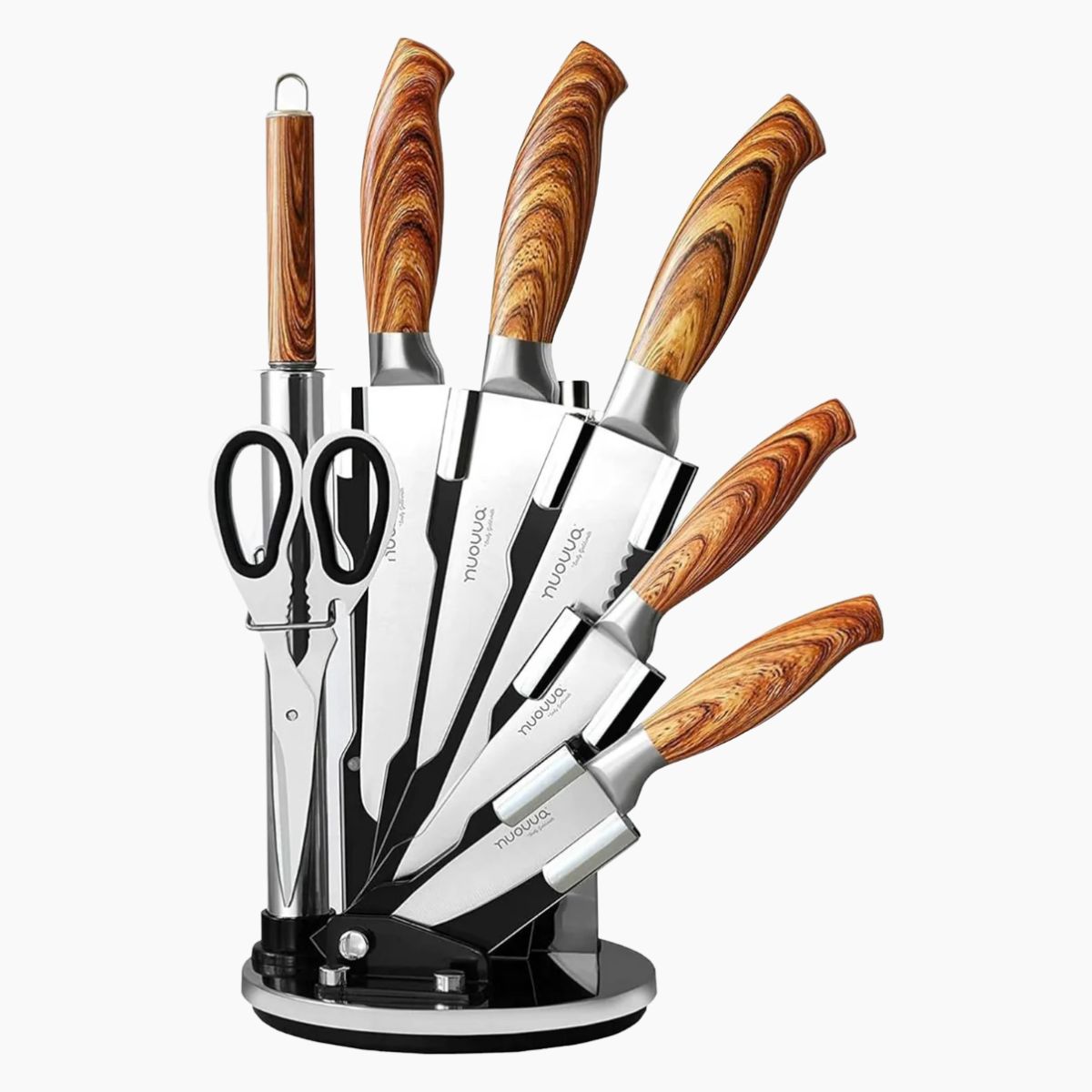 Stainless Steel Kitchen Knife Set with 360° Rotating Block - 7Pcs - Wood