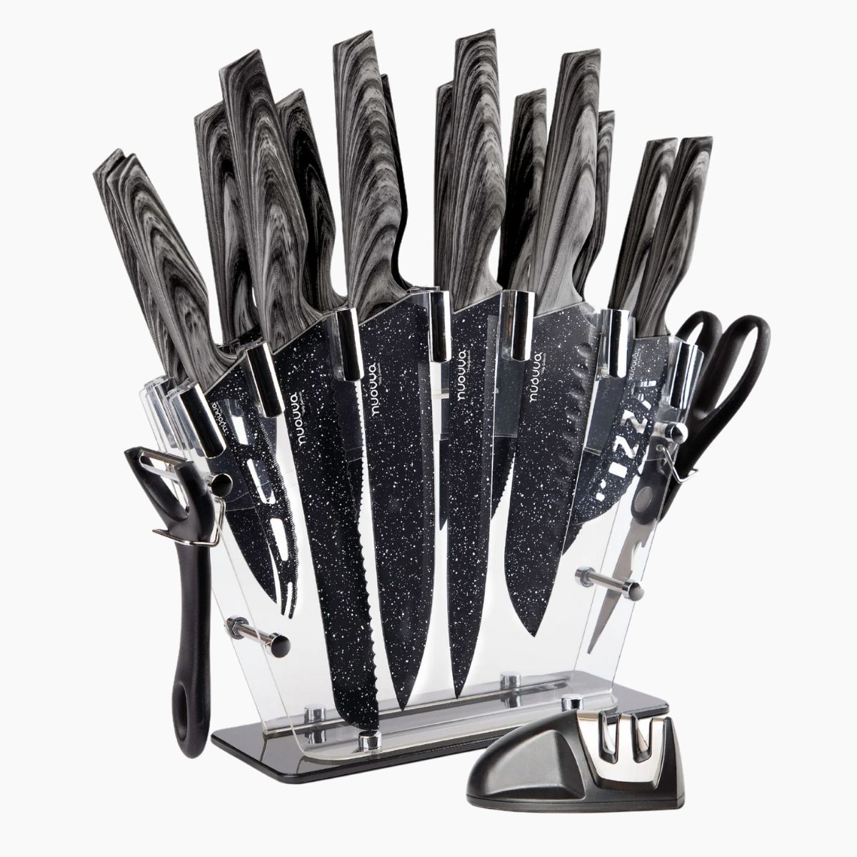 Kitchen Knife Set with Block, Sharpener, Peeler & Scissors - 17Pcs - Grey Granite