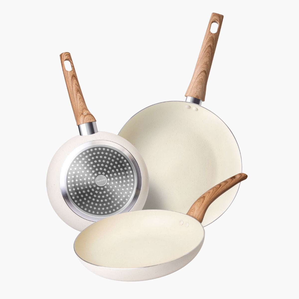 Frying Chef’s Pan Set Lightweight Induction Compatible - 3Pcs (20cm, 24cm, 28cm) Cream Granite