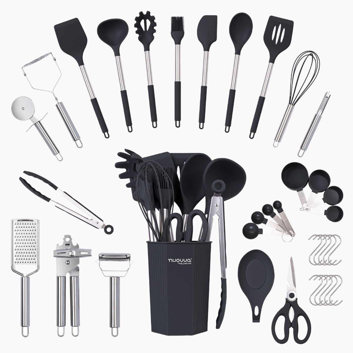 36-Piece Silicone Kitchen Utensils Set with Stainless Steel Handles, Black
