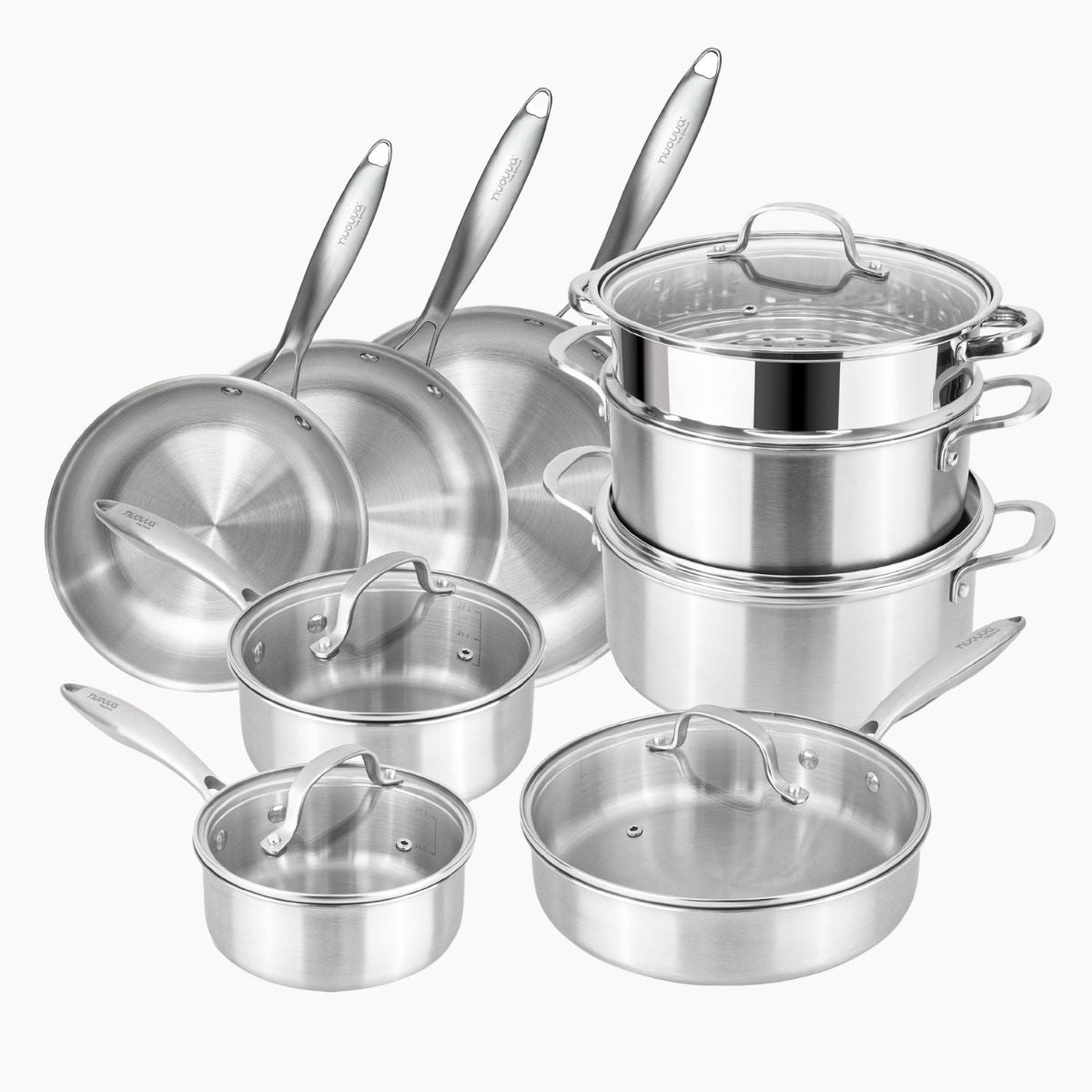 14pcs Stainless Steel Cookware Set with Glass Lids - Induction Hob Pots & Pans
