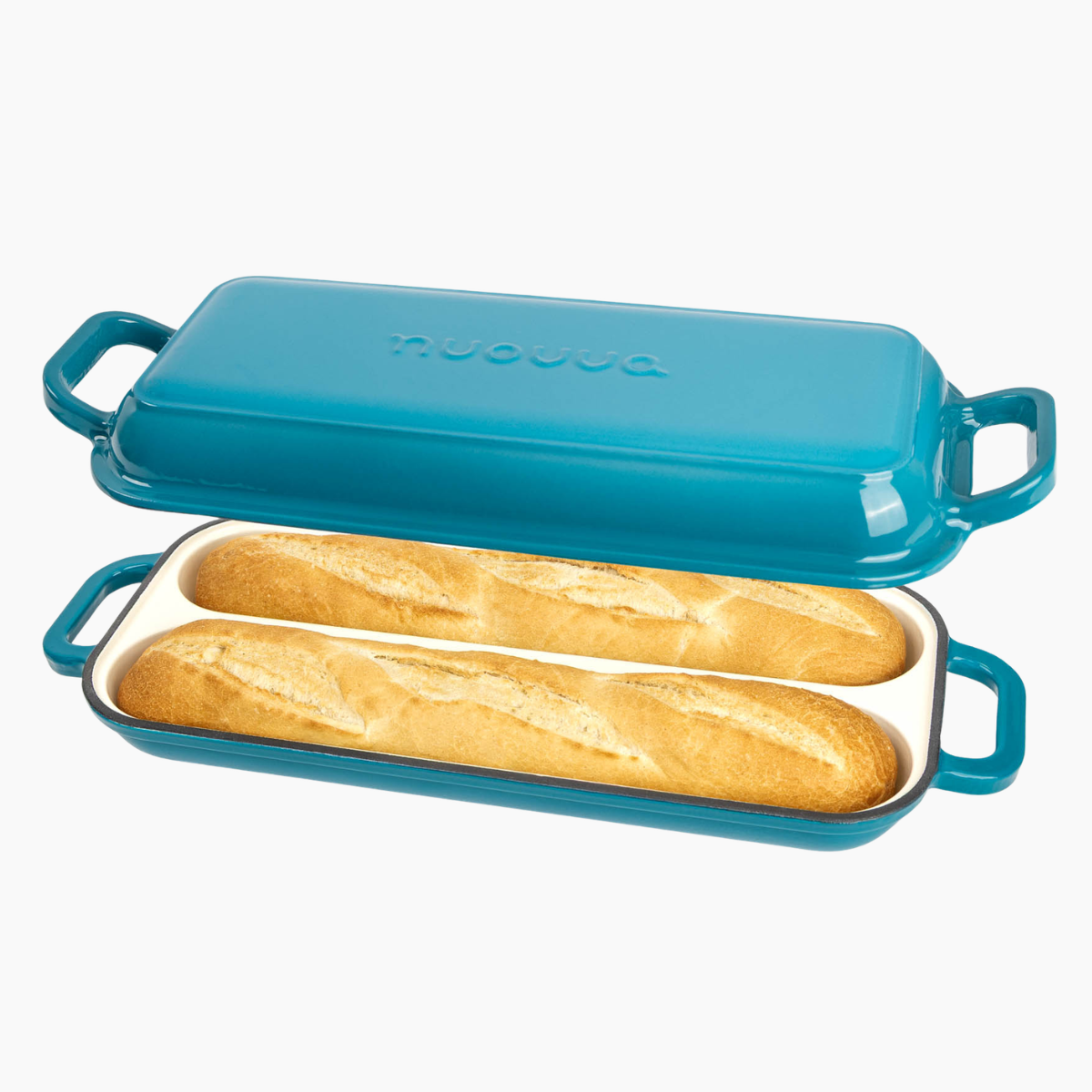 Enamelled Cast Iron Baguette Bread Pan with Lid – 2 Slots Light blue