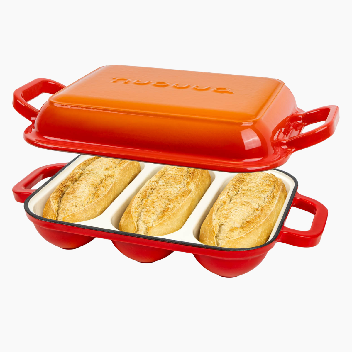 Enamelled Cast Iron Baguette Bread Pan with Lid – 3 Slots, Orange