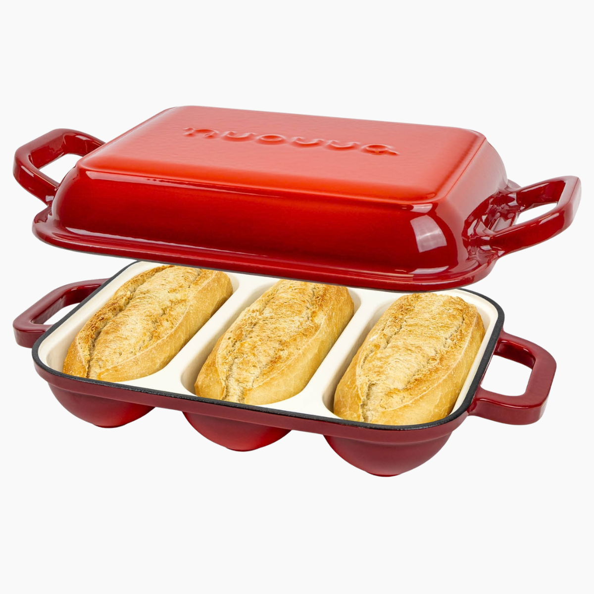 Enamelled Cast Iron Baguette Bread Pan with Lid – 3 Slots, Red