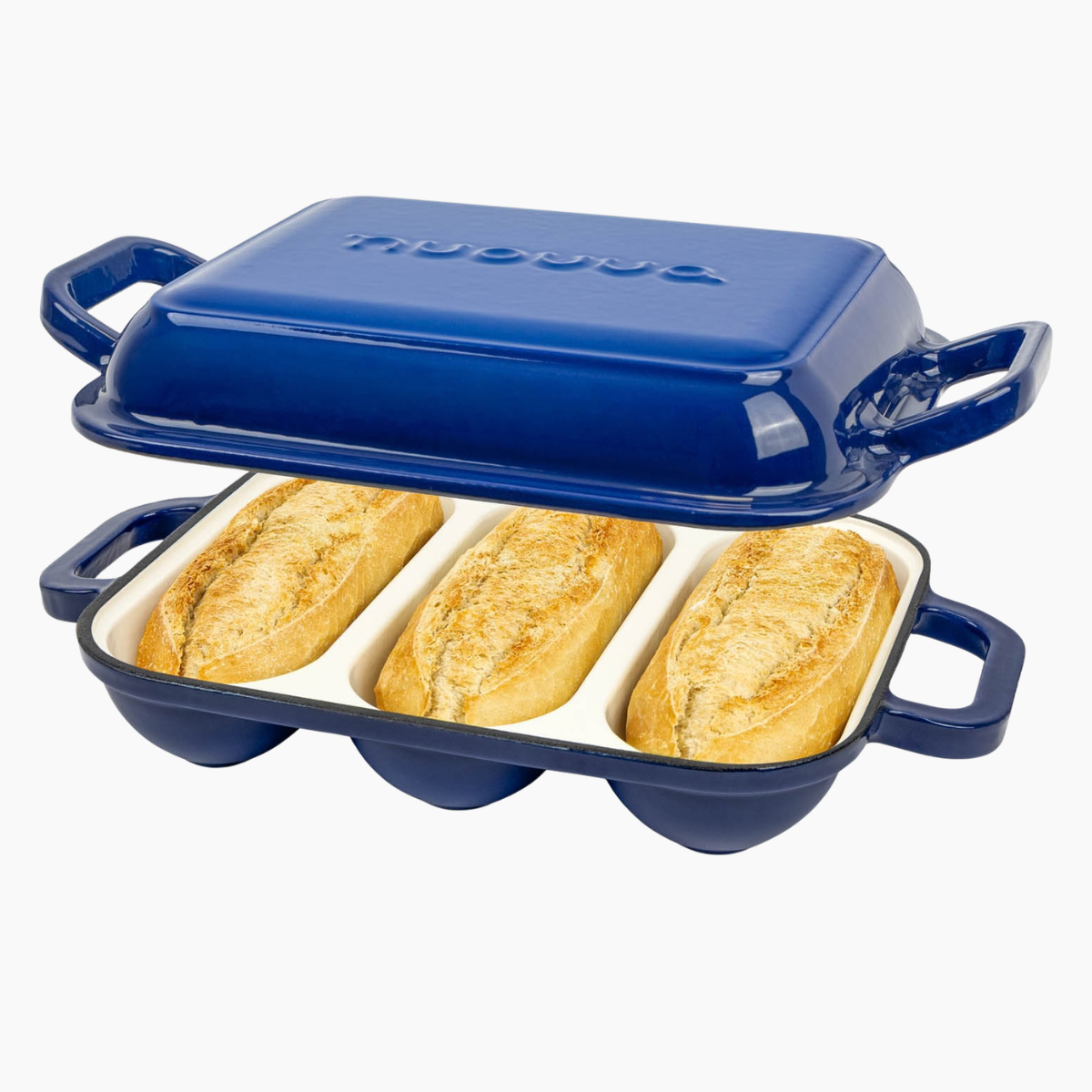 Enamelled Cast Iron Baguette Bread Pan with Lid – 3 Slots, Dark blue