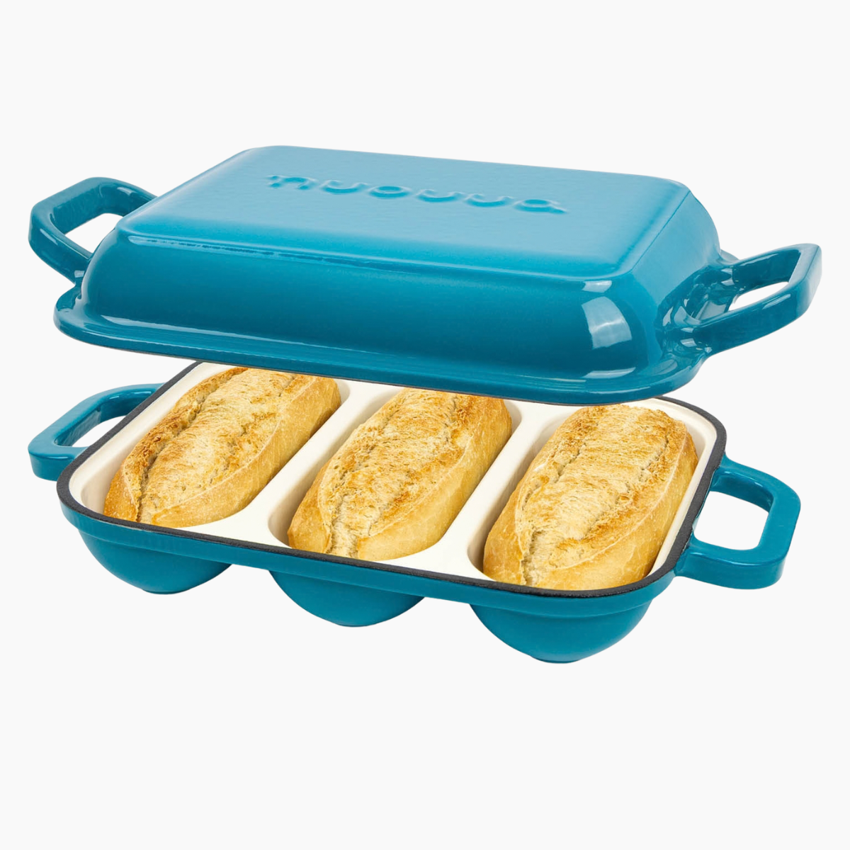 Enamelled Cast Iron Baguette Bread Pan with Lid – 3 Slots, Light blue