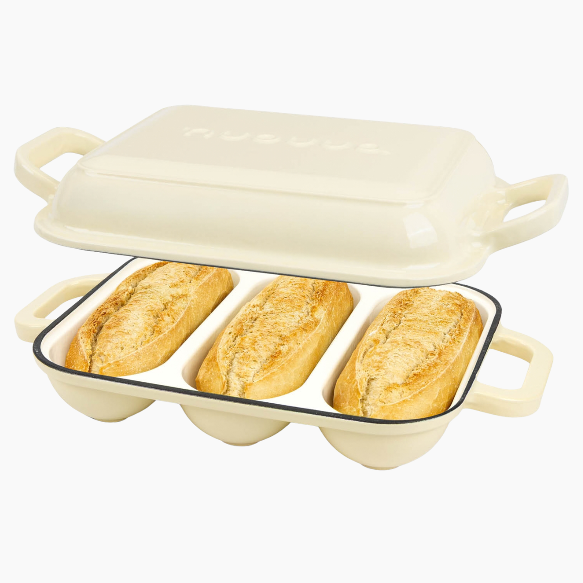 Enamelled Cast Iron Baguette Bread Pan with Lid – 3 Slots, Cream