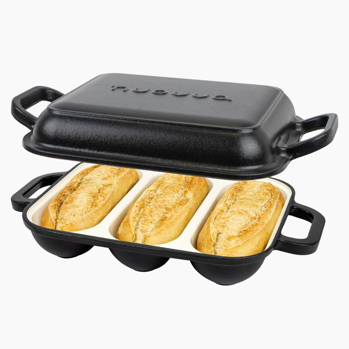 Enamelled Cast Iron Baguette Bread Pan with Lid – 3 Slots, Black