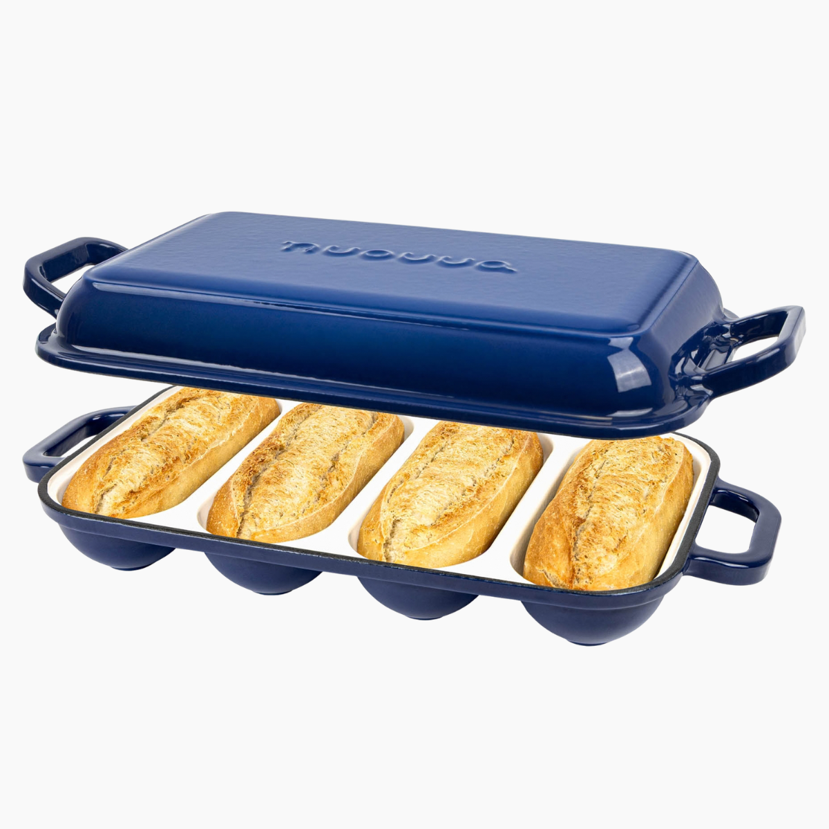 Enamelled Cast Iron Baguette Bread Pan with Lid – 4 Slots, Dark blue
