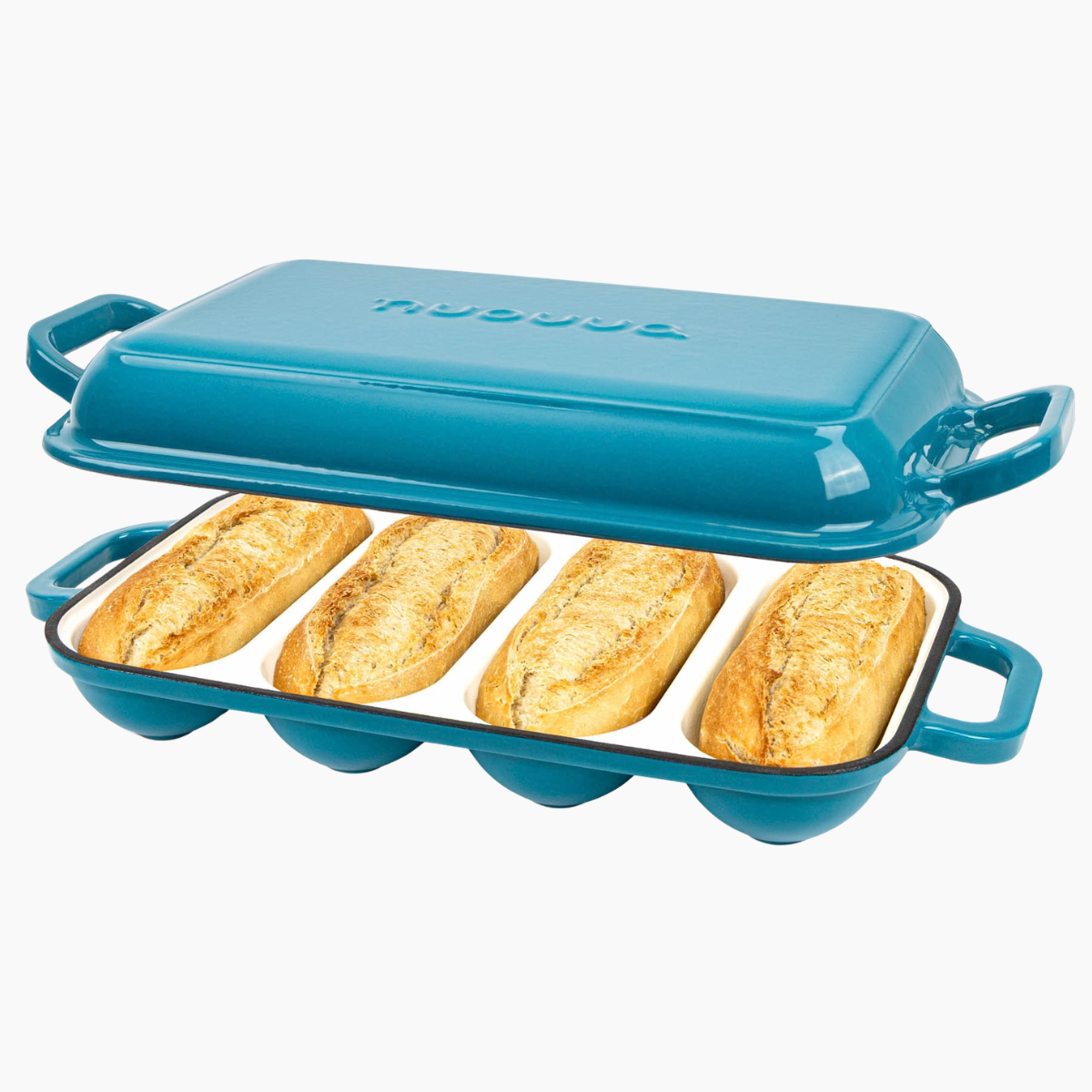 Enamelled Cast Iron Baguette Bread Pan with Lid – 4 Slots, Light blue