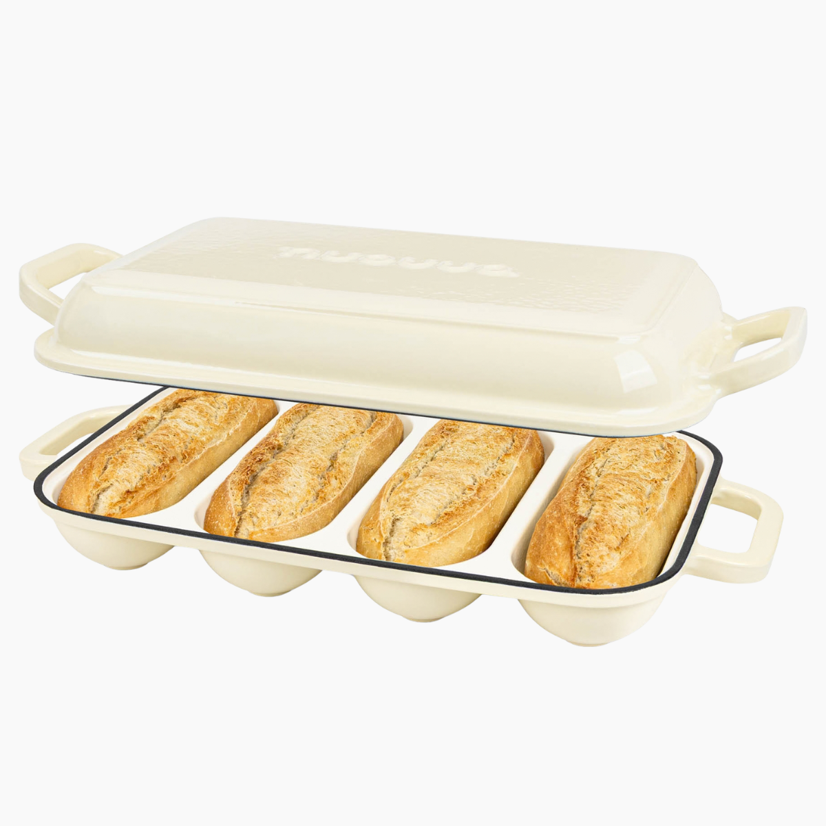 Enamelled Cast Iron Baguette Bread Pan with Lid – 4 Slots, Cream