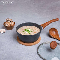 Non-stick grey granite saucepan with wooden handle and glass lid for stewing and cooking.