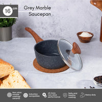 16cm Grey marble saucepan with non-stick ceramic coating, induction compatible base and safe and healthy coating. 