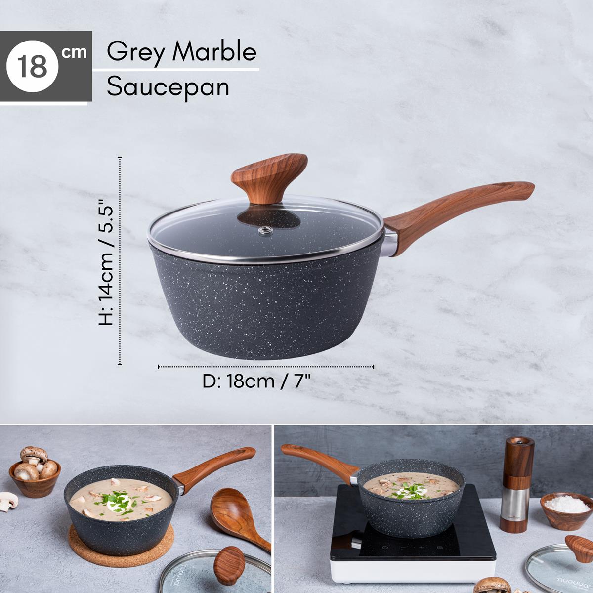 18cm grey marble saucepan with wooden handle and glass lids. 