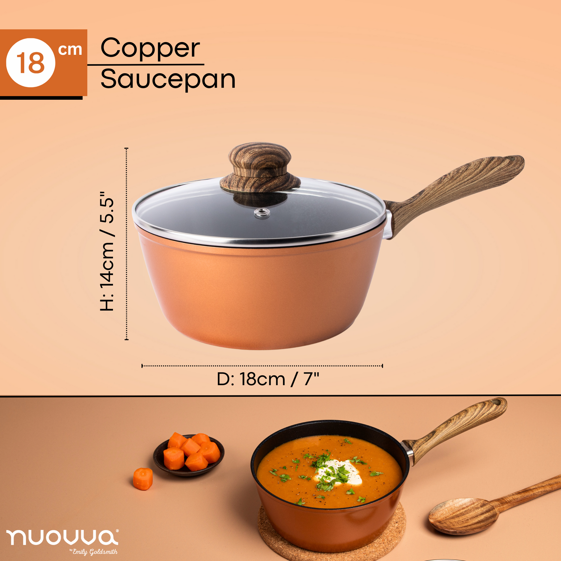 18cm copper saucepan with glass lid and wooden handle for brewing and cooking. 