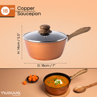 18cm copper saucepan with glass lid and wooden handle for brewing and cooking. 