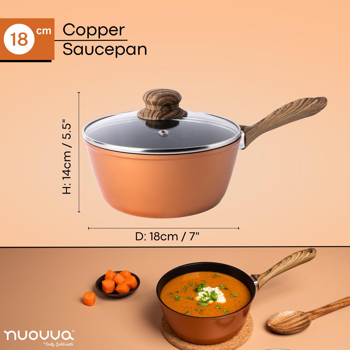 18cm copper saucepan with dimensions featuring glass lid and wooden handles