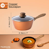 18cm copper saucepan with dimensions featuring glass lid and wooden handles