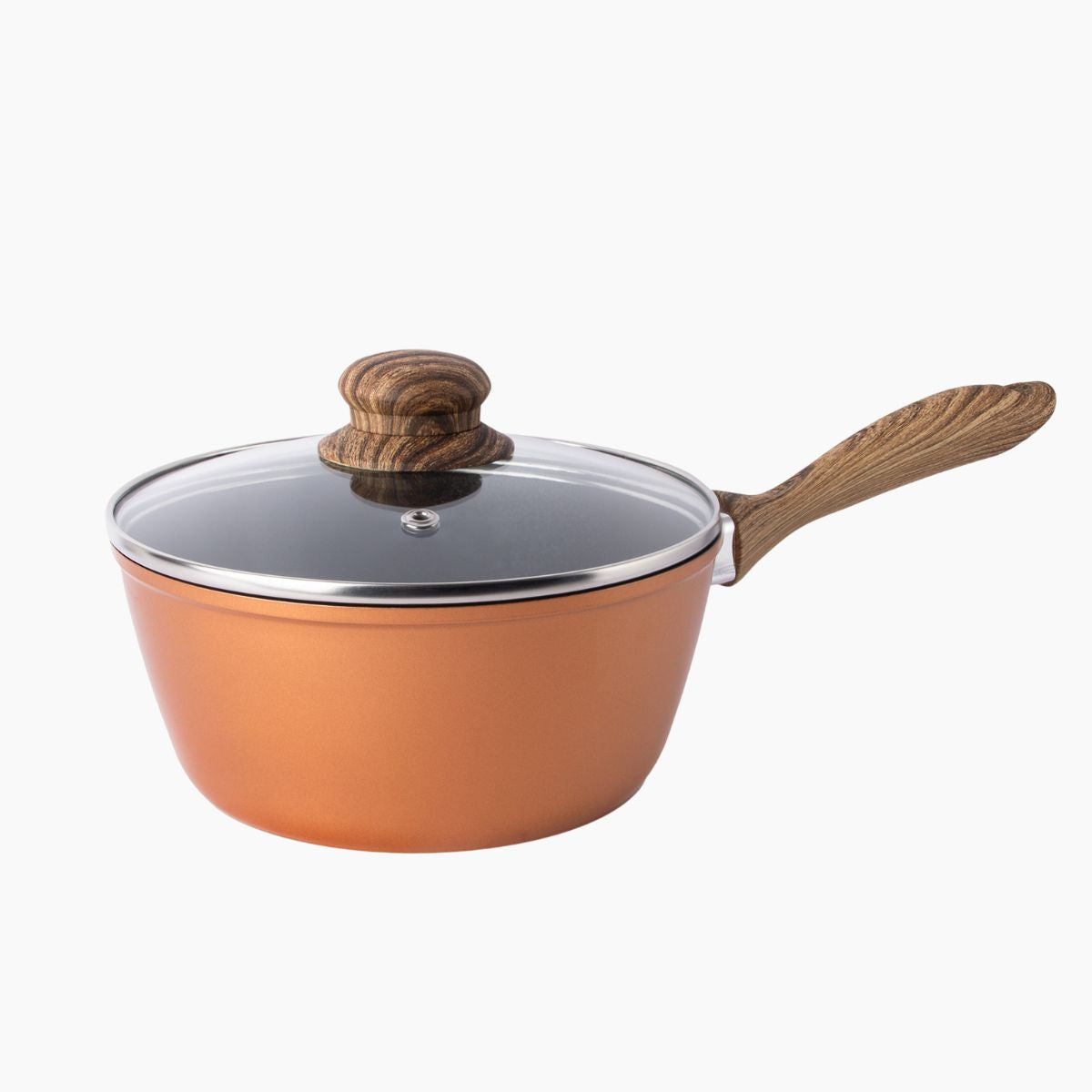 Copper ceramic saucepan with lid and wooden handle.