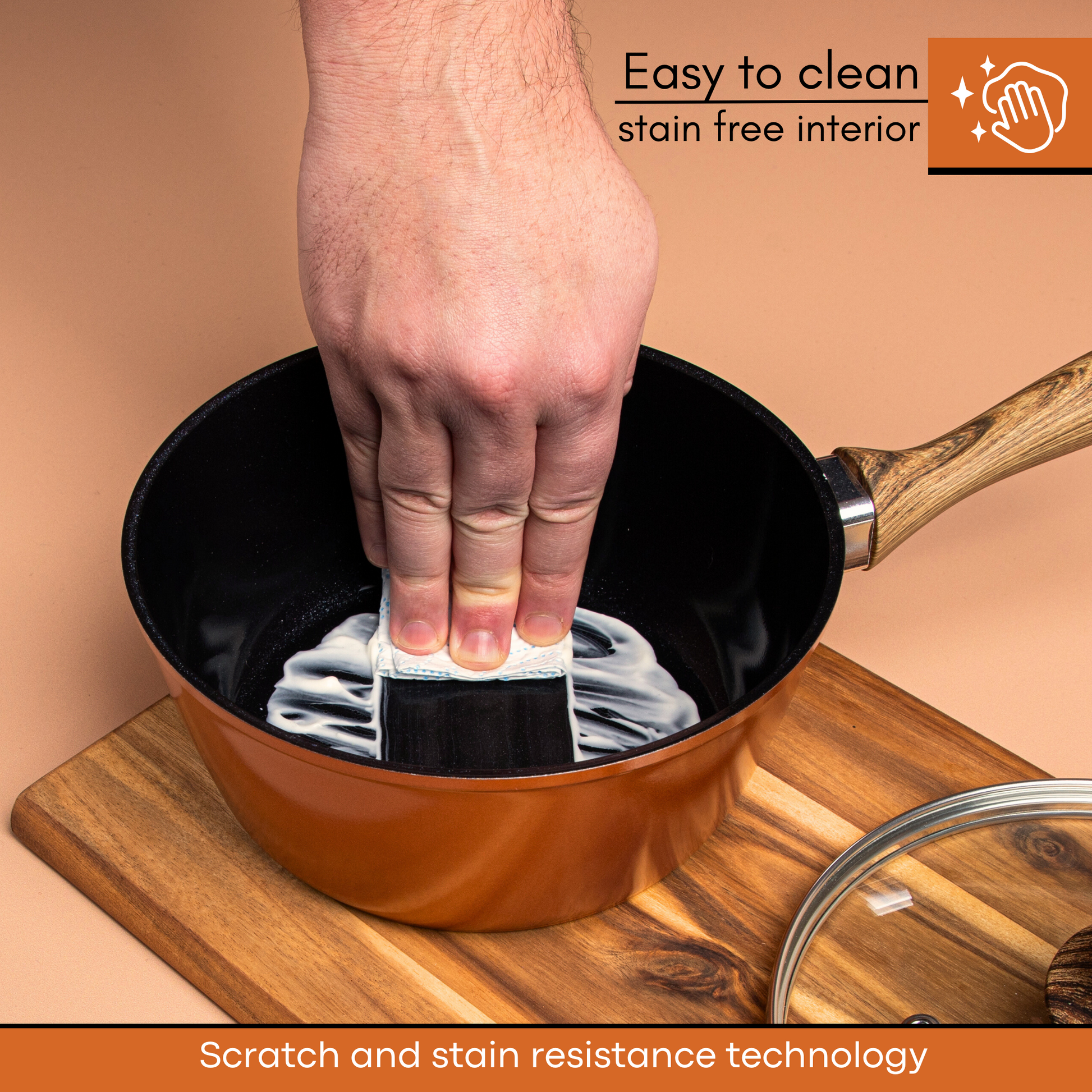 Easy to clean saucepan with scratch free coating, easy to maintain cookware