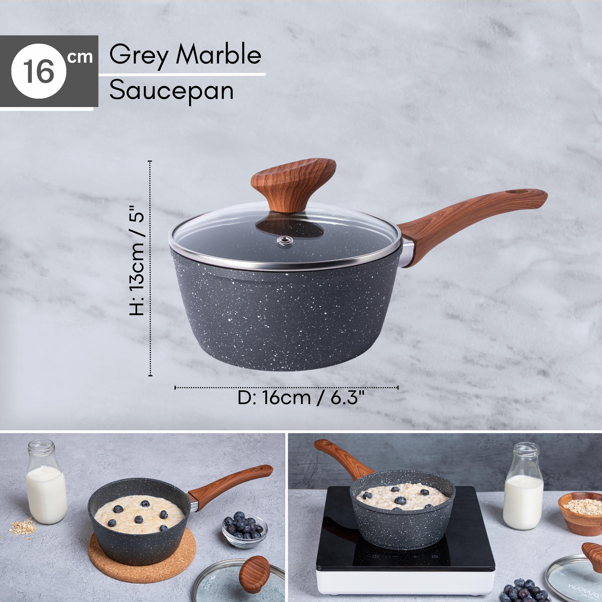 16cm Grey marble saucepan with wooden handle and measurements.