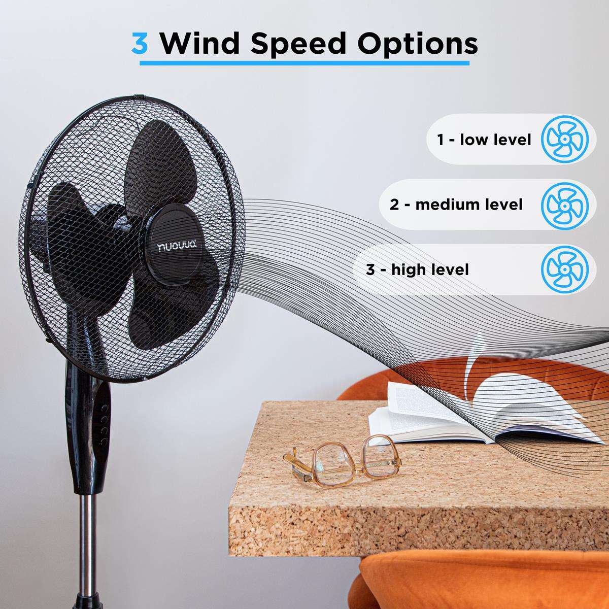 Nuovva black pedestal fan with 3 wind options, super quiet and portable for office and home cooling.