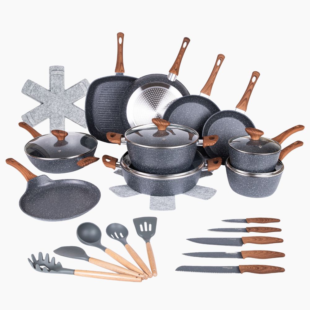 Nuovva 35 pieces grey granite cookware set including pots, pans, utensils and kitchen knives.