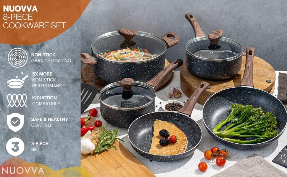 Non-stick grey granite induction compatible cookware set with features displayed