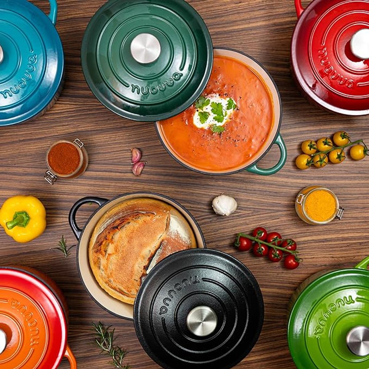 Nuovva colored cast iron casserole dish with lid, perfect for gifting, kitchen upgrades and stylish cooking. 