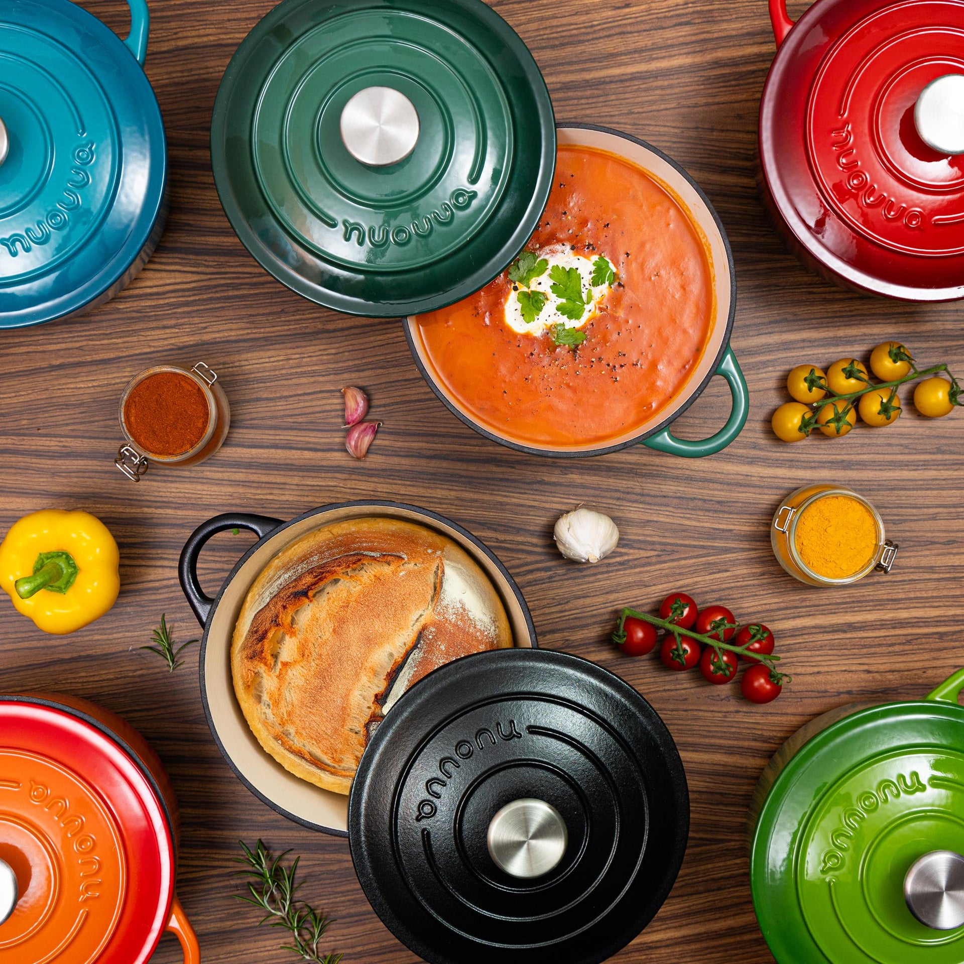 Colourful nuovva Dutch oven with matching lids, for gifting or cooking. 