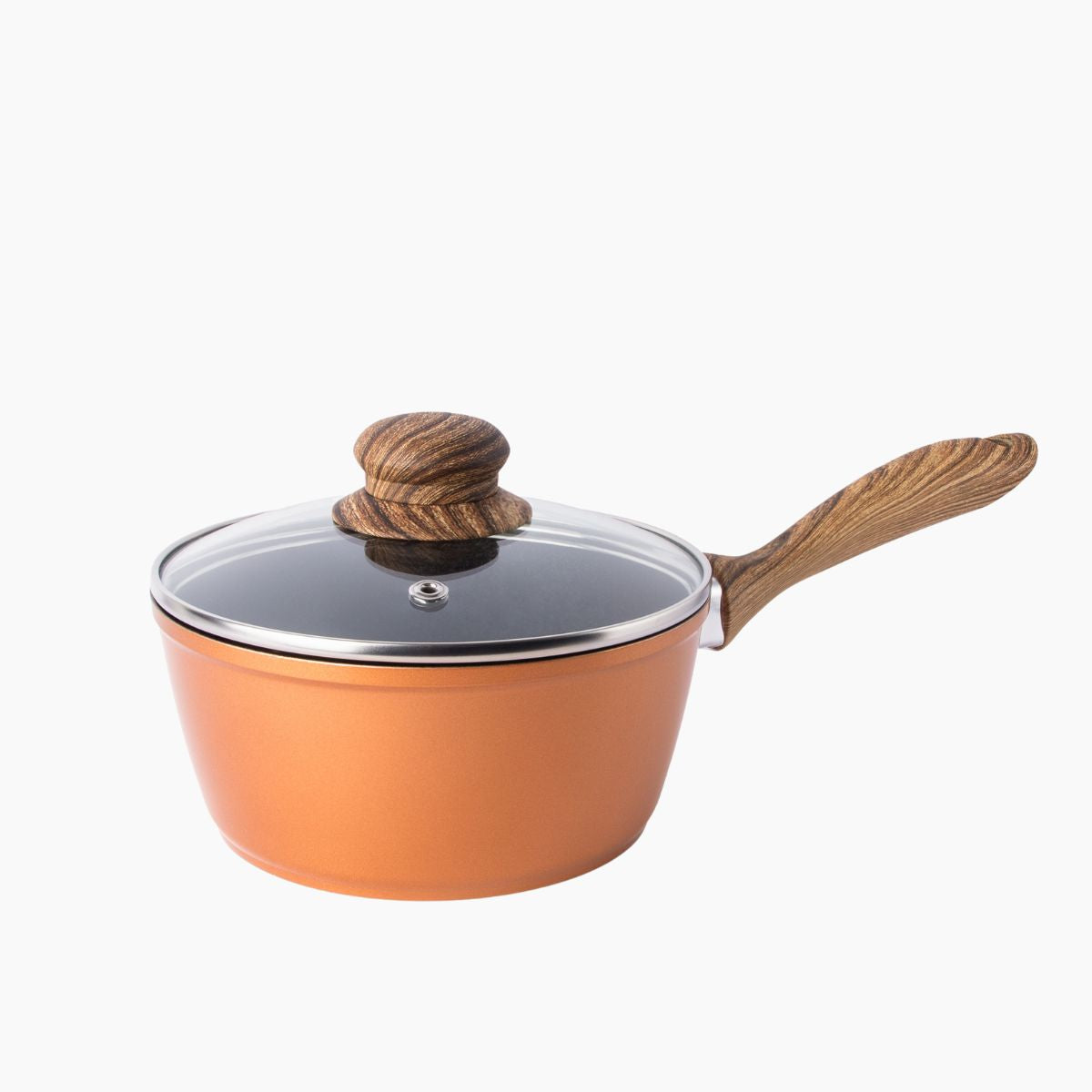Copper saucepan with glass lid and wooden handle