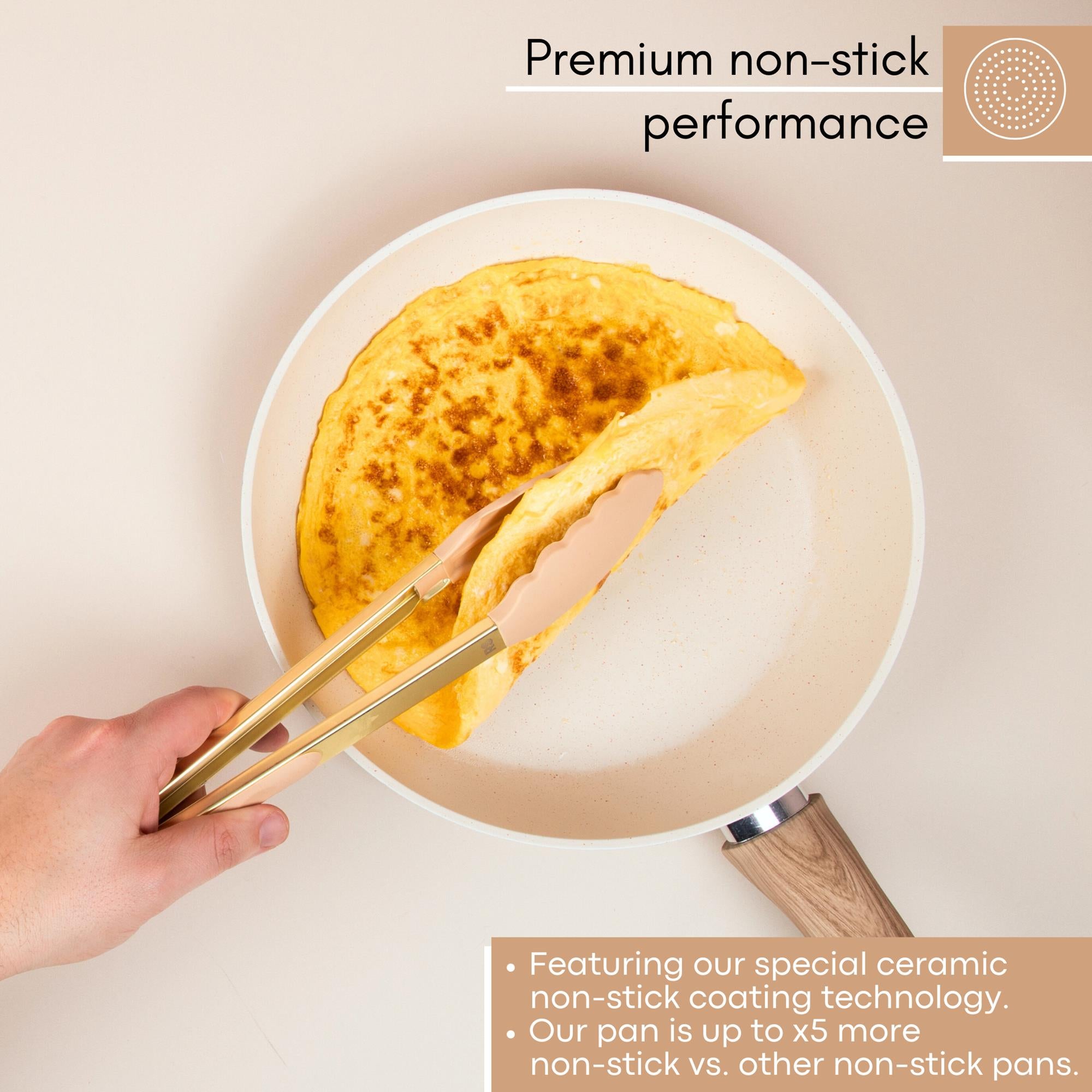 Nuovva cream granite frying pan with ceramic non-stick coating and wooden handles