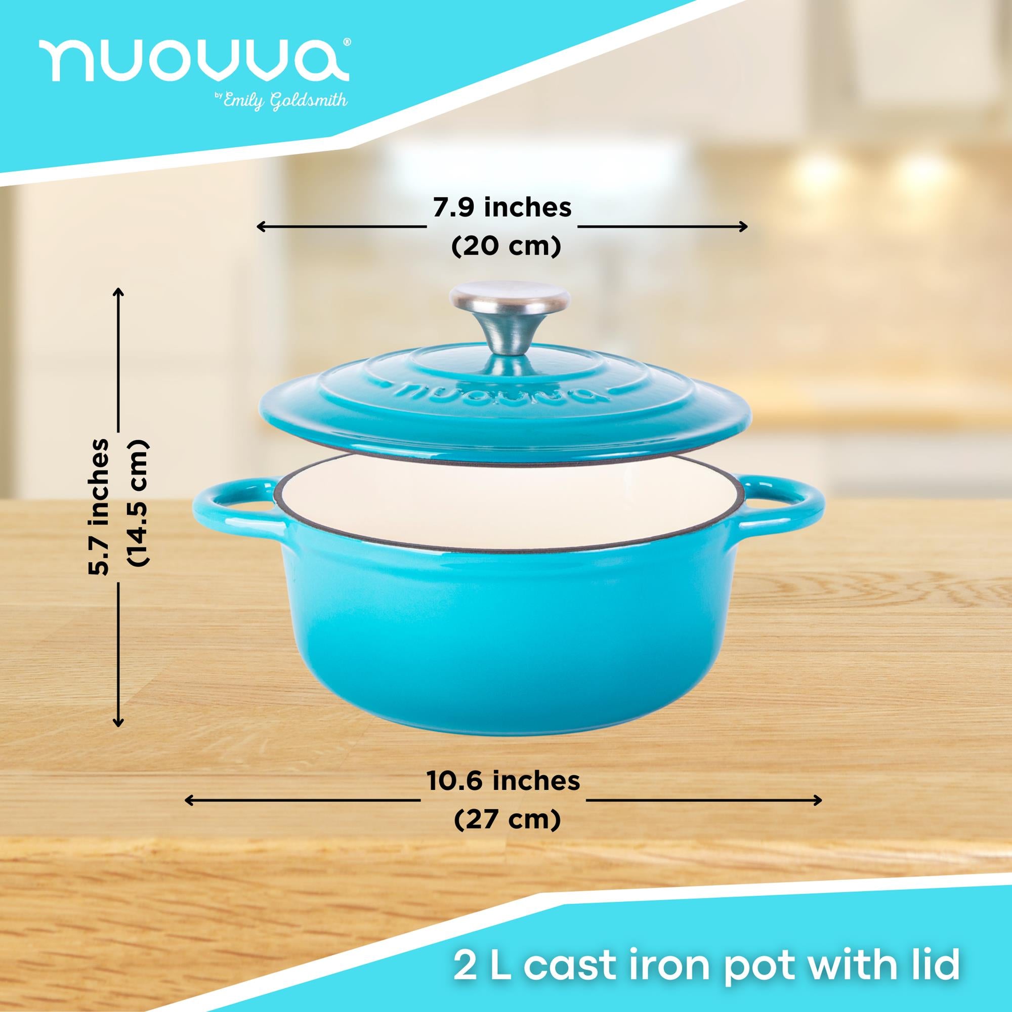 2L Light blue cast iron pot with lid with measurements and dimensions