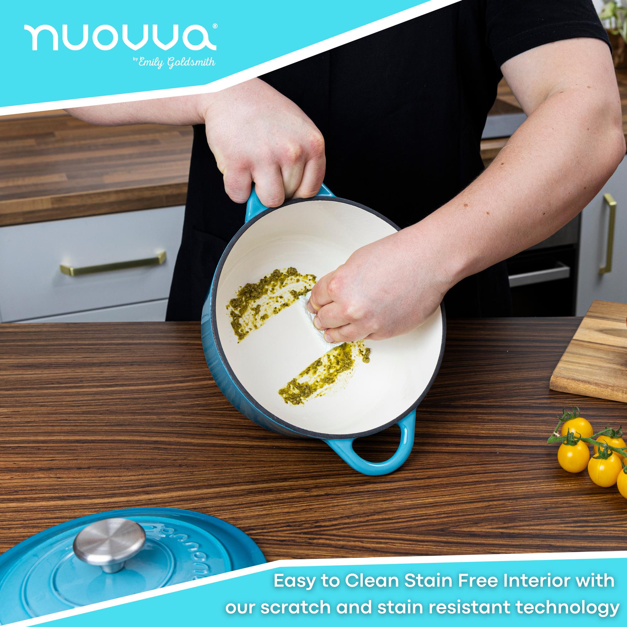 Nuovva light blue cast iron Dutch oven with easy to clean stain free interior 