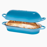 Blue cast iron bread loaf pan with lid