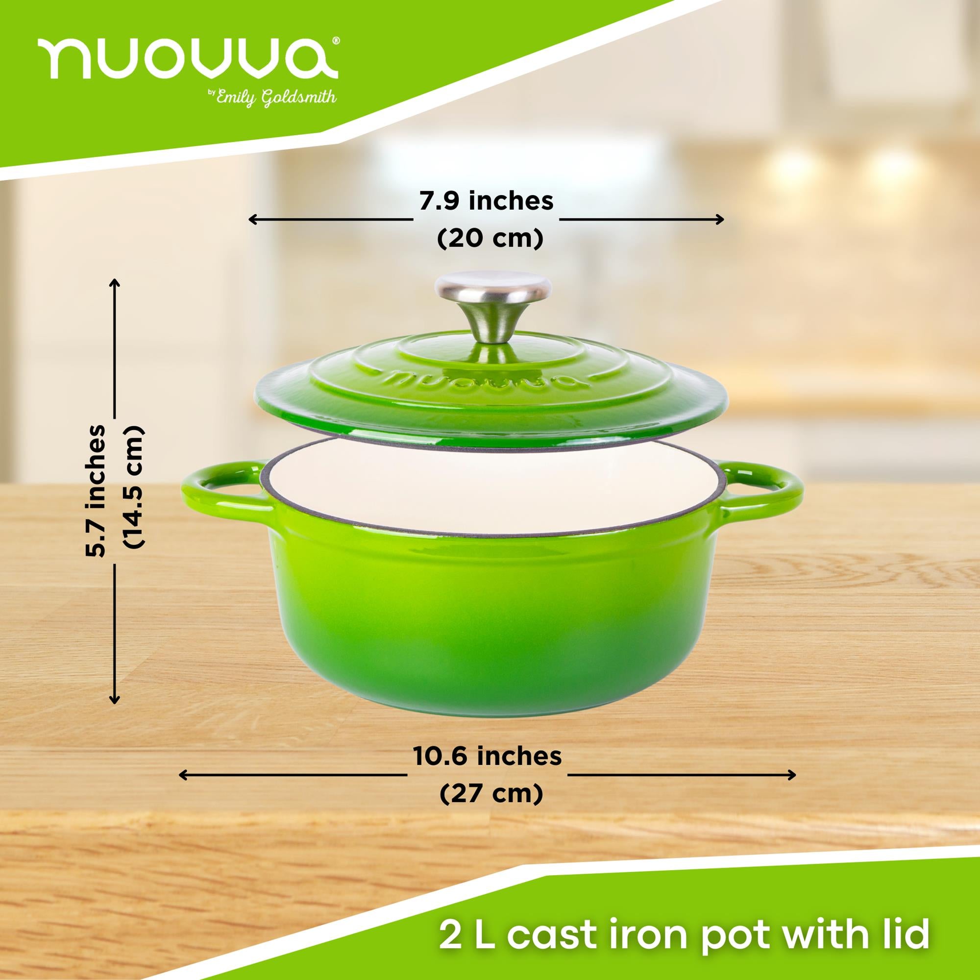 2L light green cast iron pot with lid and measurements displayed.