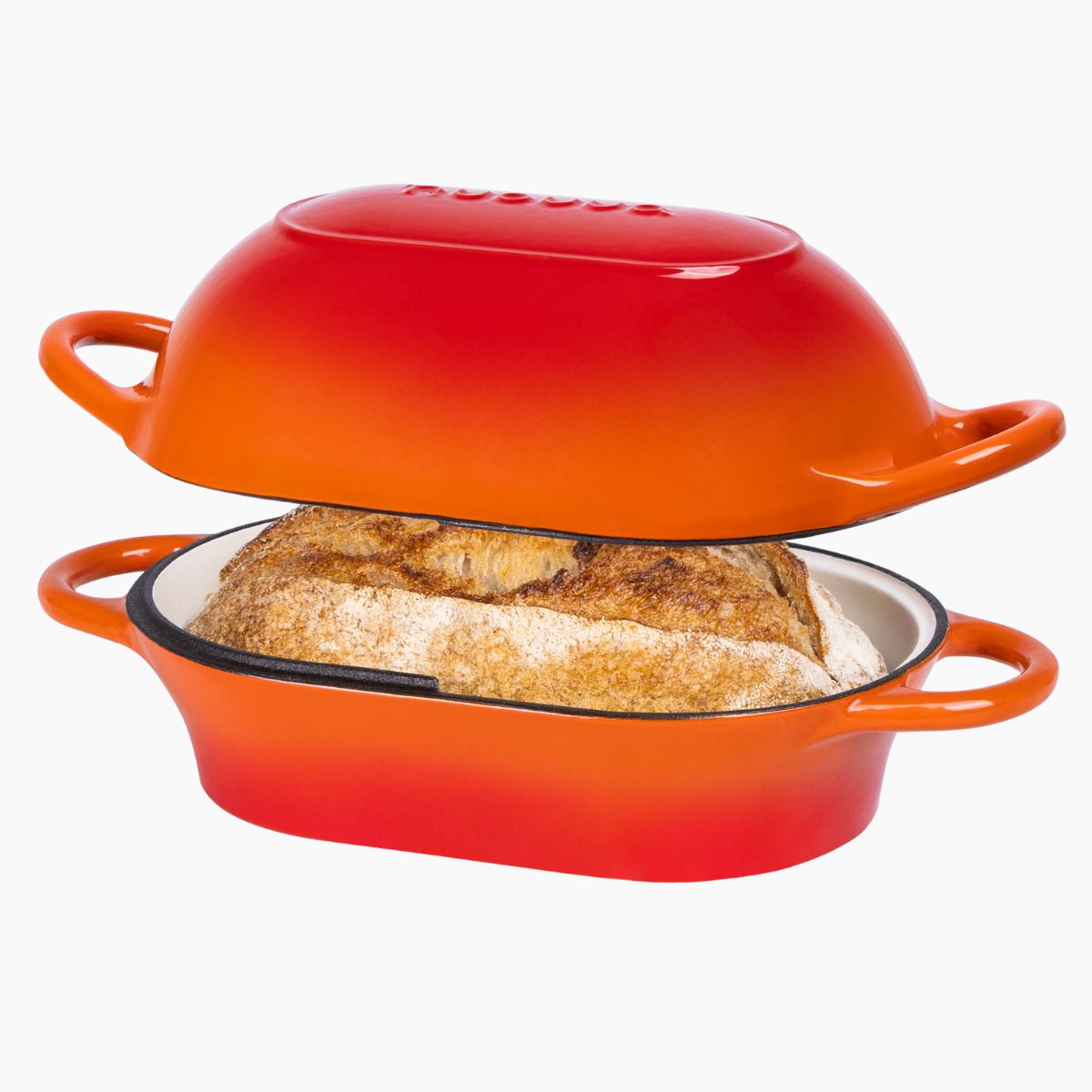 Orange cast iron bread loaf pan with handles for easy bread baking at home