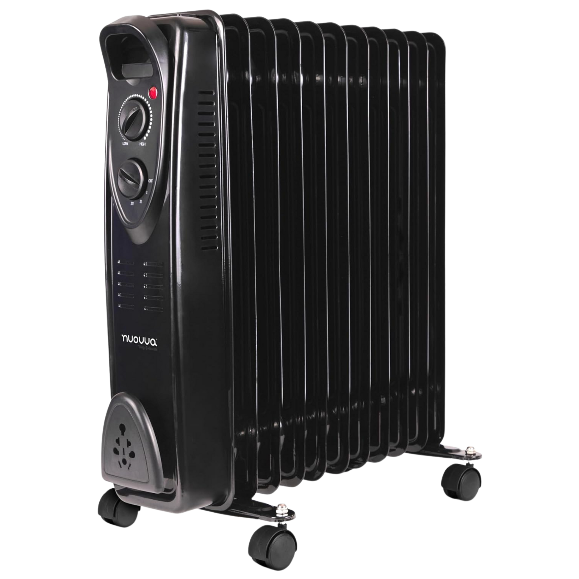Black oil-filled radiator heater with adjustable thermostat and wheels for portable heating. 