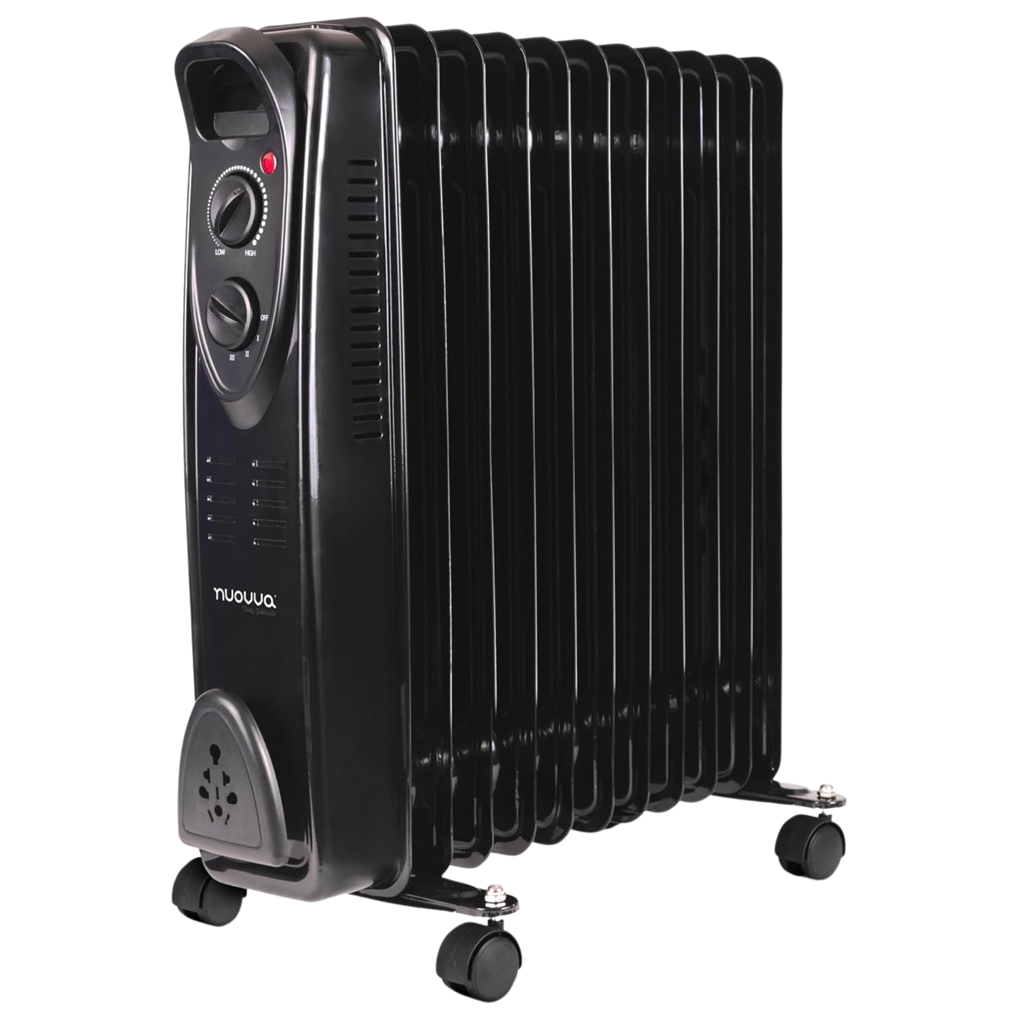 Black oil-filled radiator heater with adjustable thermostat and wheels for portable heating. 