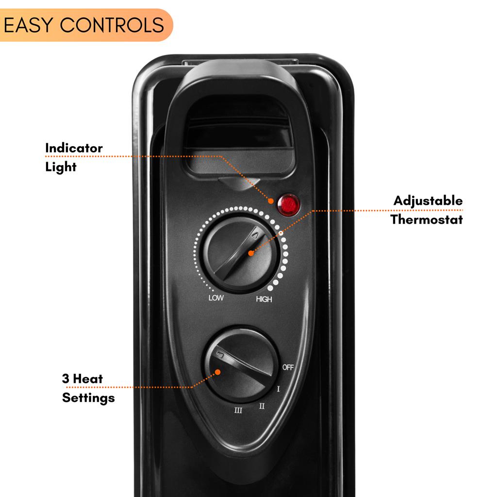 Black radiator heater with easy controls including adjustable thermostat, indicator light and 3 heat settings. 